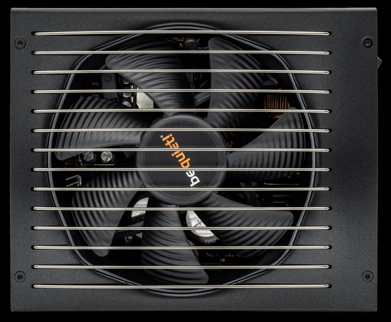 大型ファンと保護グリルを備えるATX電源ユニット