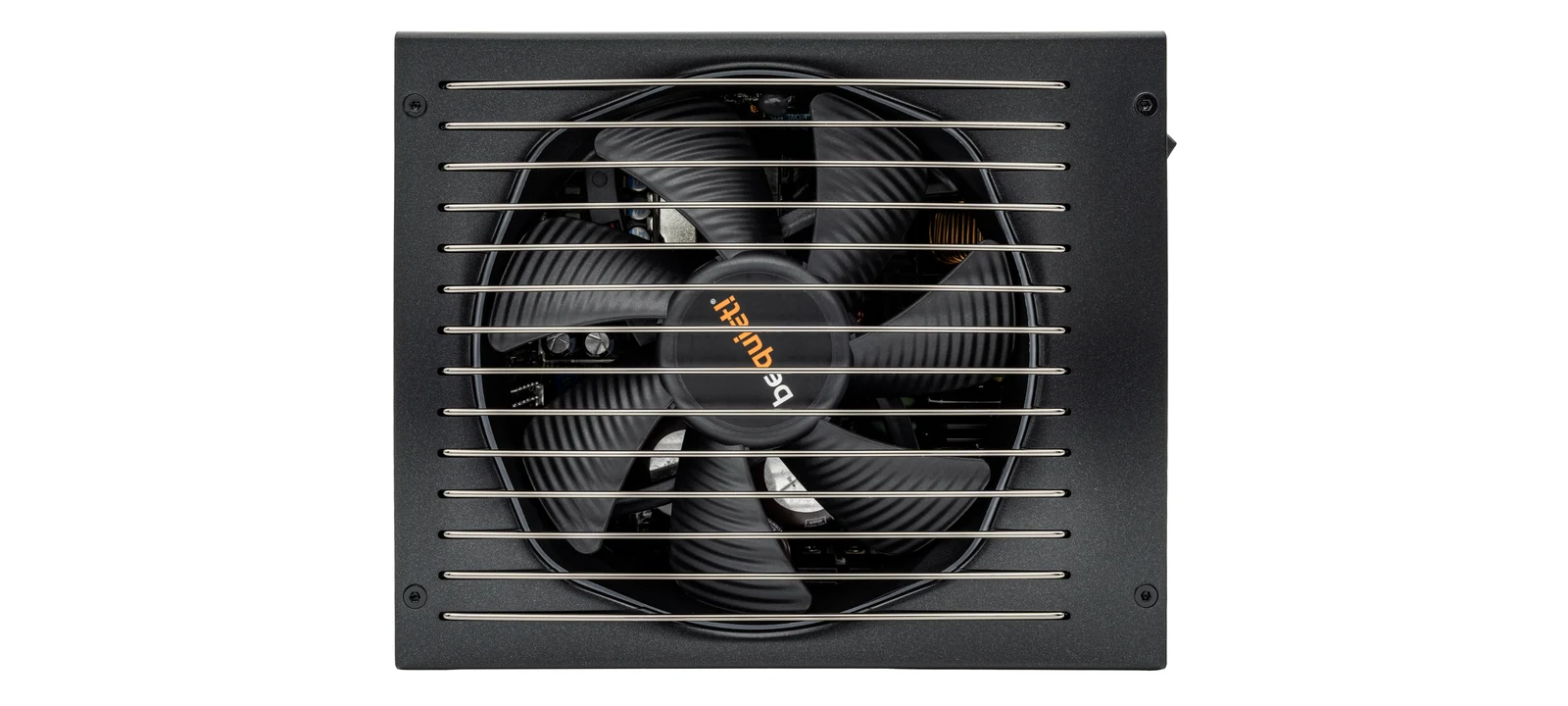 大型ファンと保護グリルを備えるATX電源ユニット